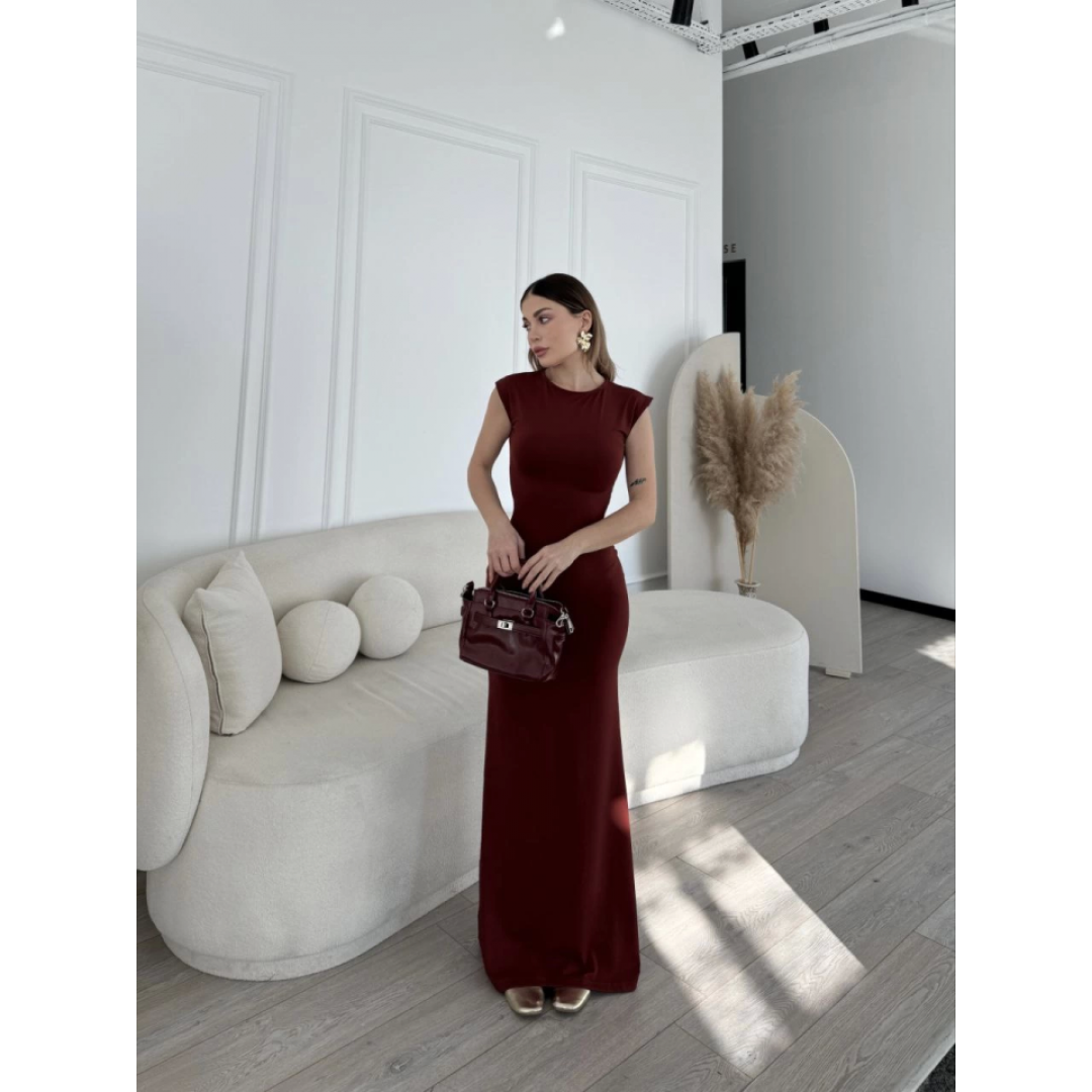 Kolsuz Uzun Likralı Elbise - Bordo - 148434