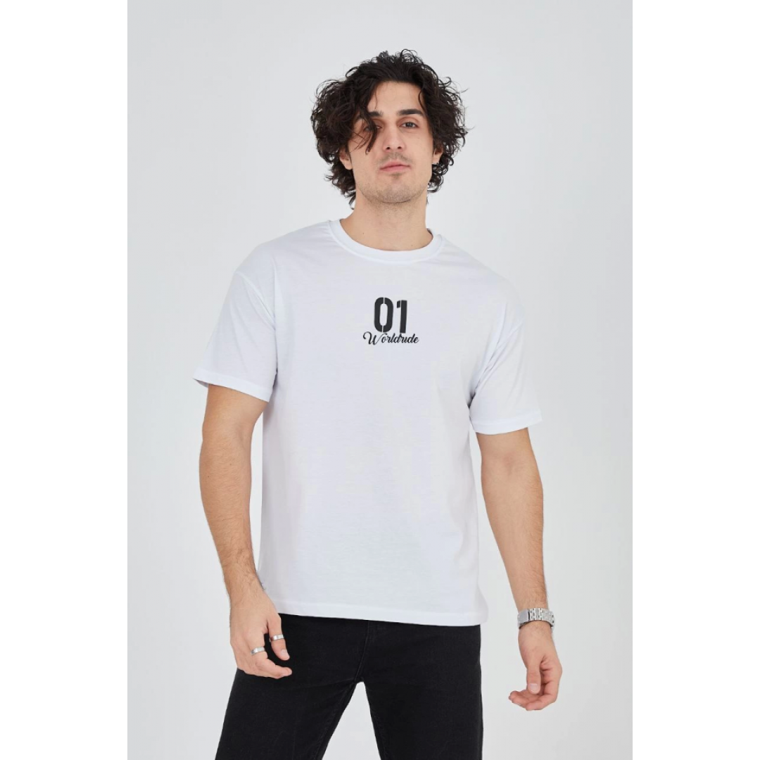 Erkek Bisiklet Yakalı Baskılı T-Shirt - Beyaz