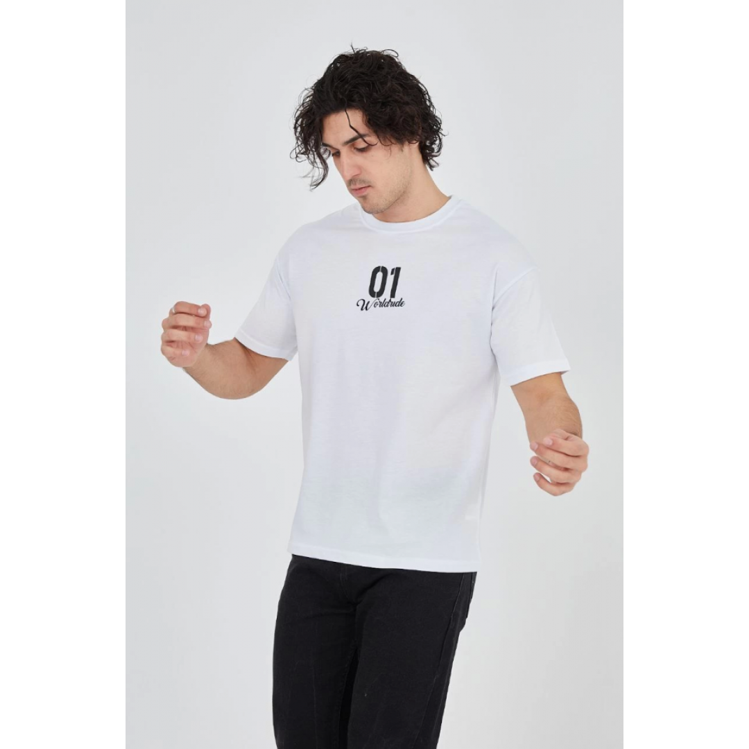 Erkek Bisiklet Yakalı Baskılı T-Shirt - Beyaz 149003