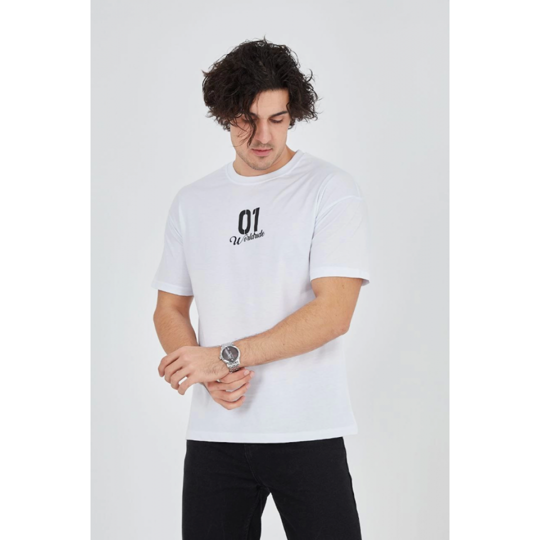 Erkek Bisiklet Yakalı Baskılı T-Shirt - Beyaz 149003