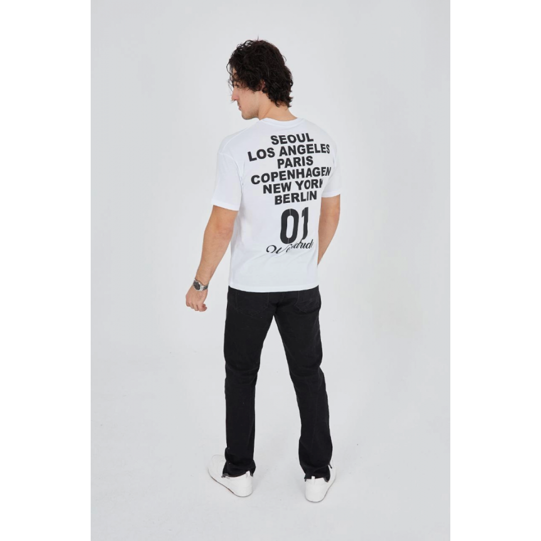 Erkek Bisiklet Yakalı Baskılı T-Shirt - Beyaz 149003