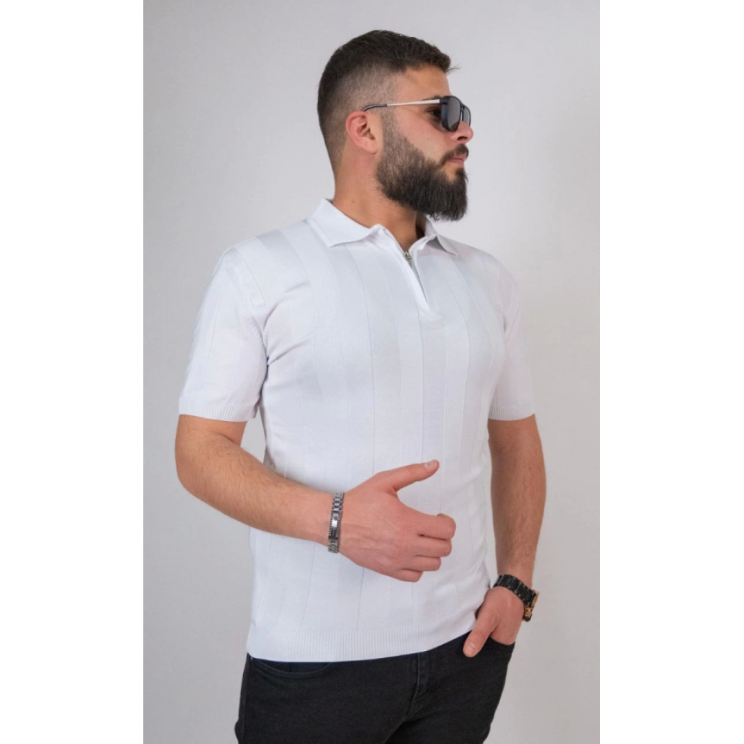 Triko Dokuma Yarım Fermuarlı Yakalı T-shirt - Beyaz 150371 Triko Dokuma Yarım Fermuarlı Yakalı T-shirt - Beyaz 150371