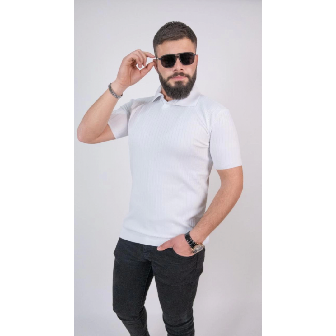 Triko Dokuma Yakalı T-shirt - Beyaz 150376