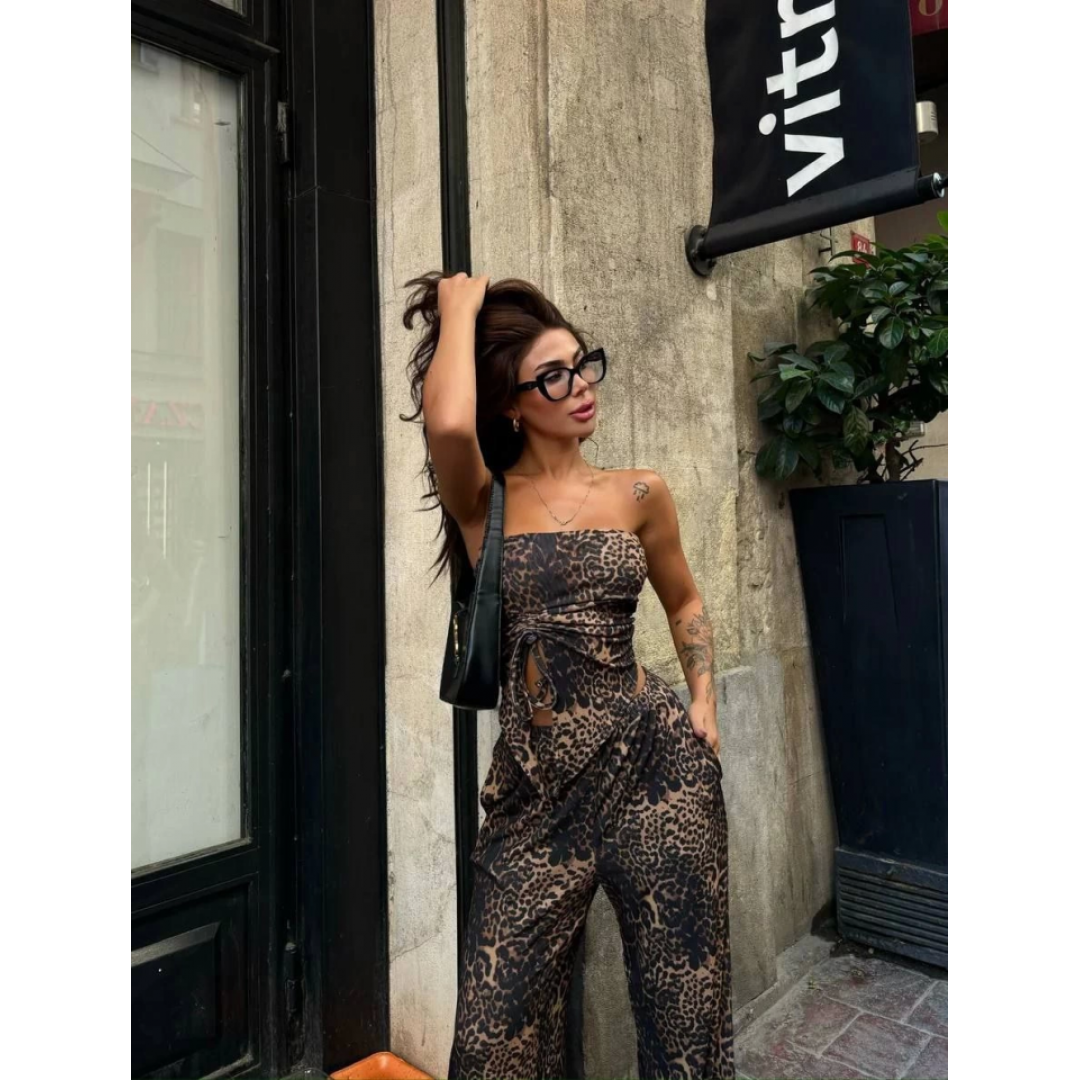 Leopar Desenli önden Bağlamalı Bluz Pantolon İkili Takım -Leopar