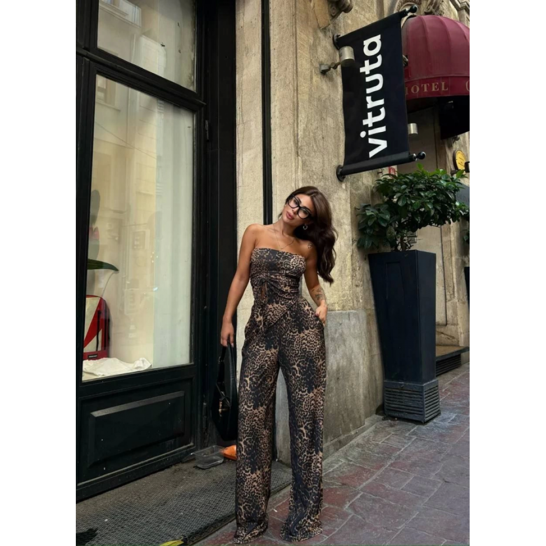 Leopar Desenli önden Bağlamalı Bluz Pantolon İkili Takım -Leopar 153094