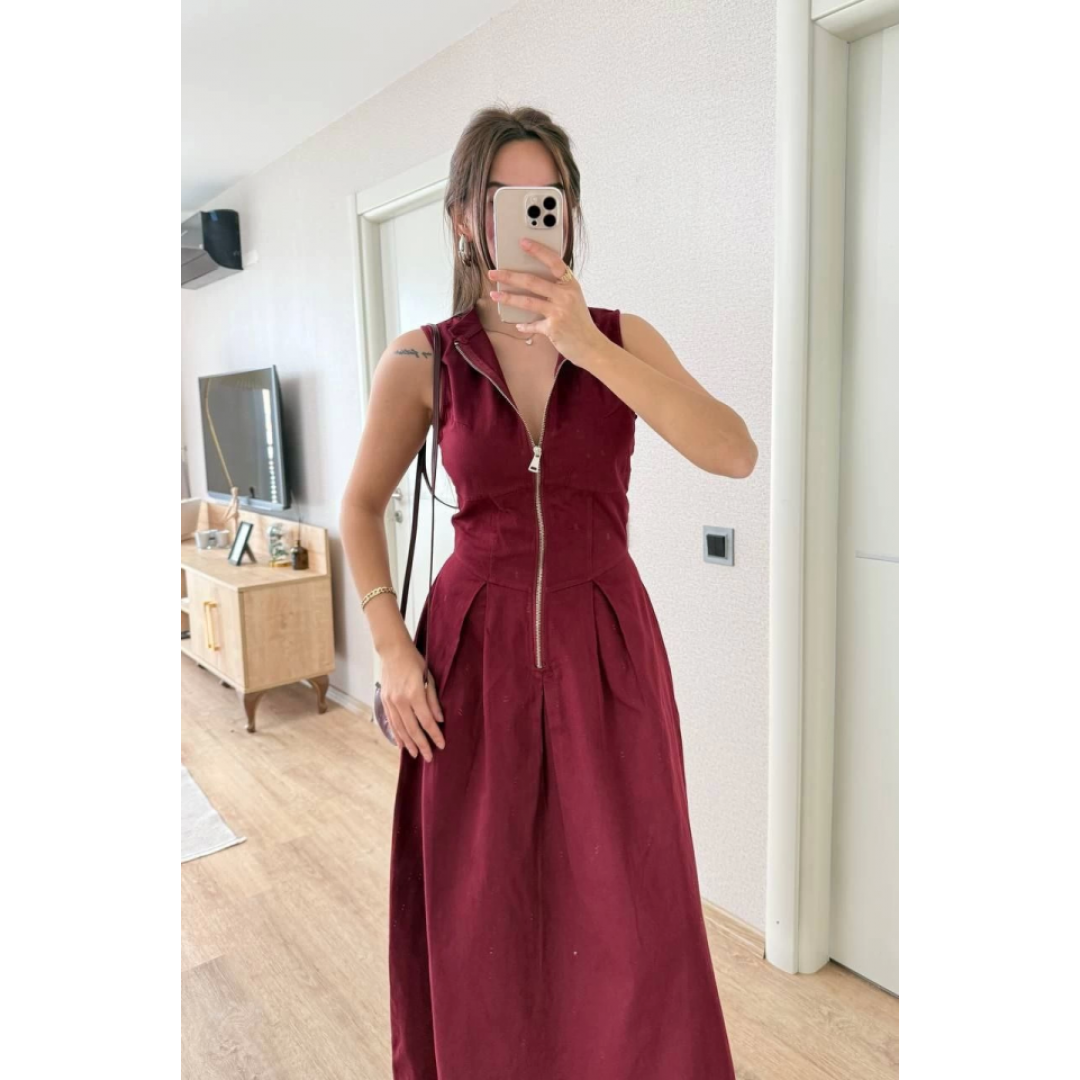 Dik Yuvarlak Yaka Önden Fermuarlı Sifir Kol Beli Oturtmalı Kolsuz Cepli Çan Etekli Uzun Elbise - Bordo