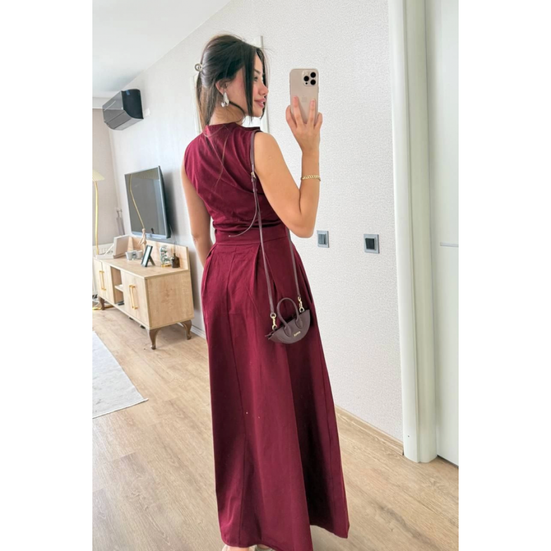 Dik Yuvarlak Yaka Önden Fermuarlı Sifir Kol Beli Oturtmalı Kolsuz Cepli Çan Etekli Uzun Elbise - Bordo - 153104 Dik Yuvarlak Yaka Önden Fermuarlı Sifir Kol Beli Oturtmalı Kolsuz Cepli Çan Etekli Uzun Elbise - Bordo - 153104
