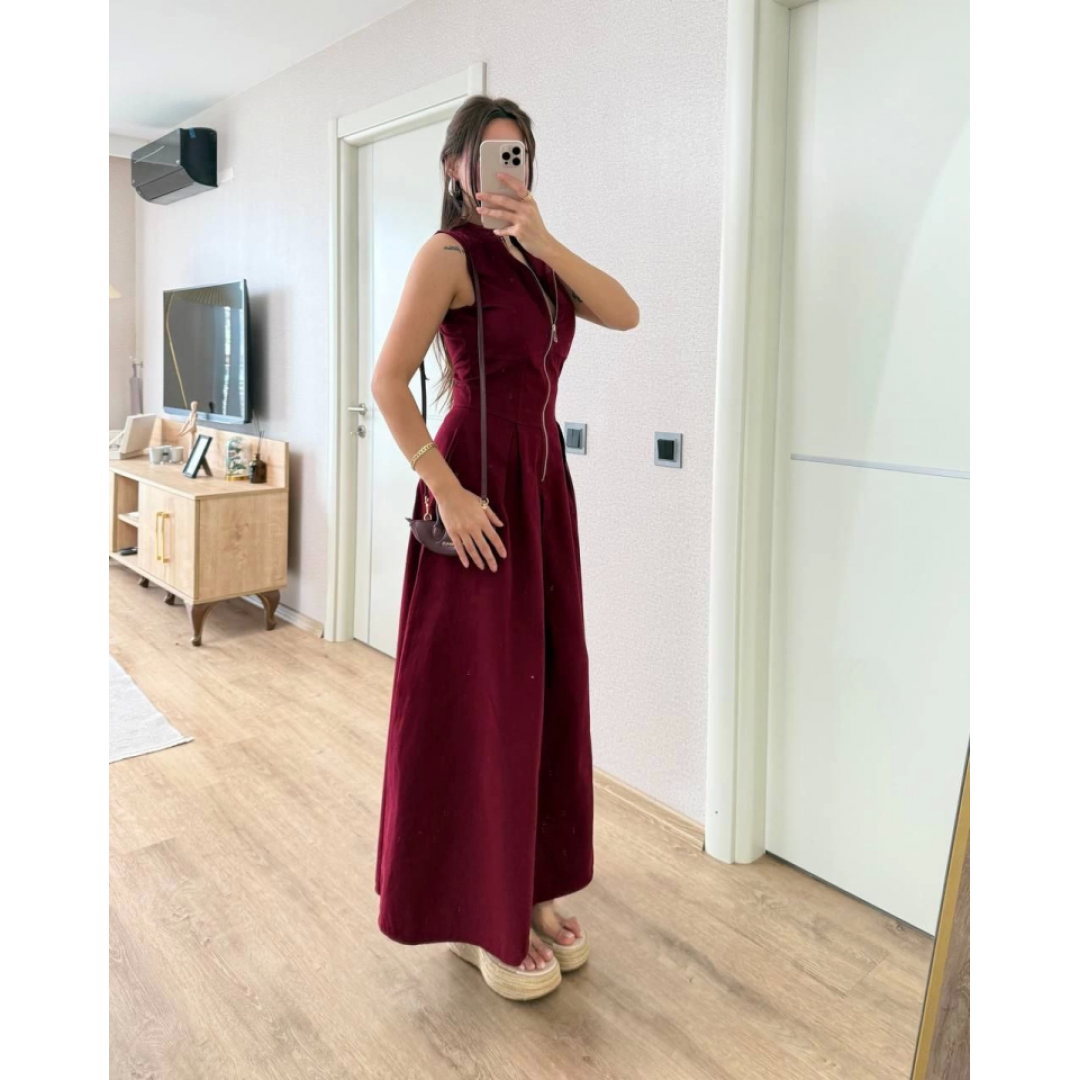 Dik Yuvarlak Yaka Önden Fermuarlı Sifir Kol Beli Oturtmalı Kolsuz Cepli Çan Etekli Uzun Elbise - Bordo - 153104 Dik Yuvarlak Yaka Önden Fermuarlı Sifir Kol Beli Oturtmalı Kolsuz Cepli Çan Etekli Uzun Elbise - Bordo - 153104