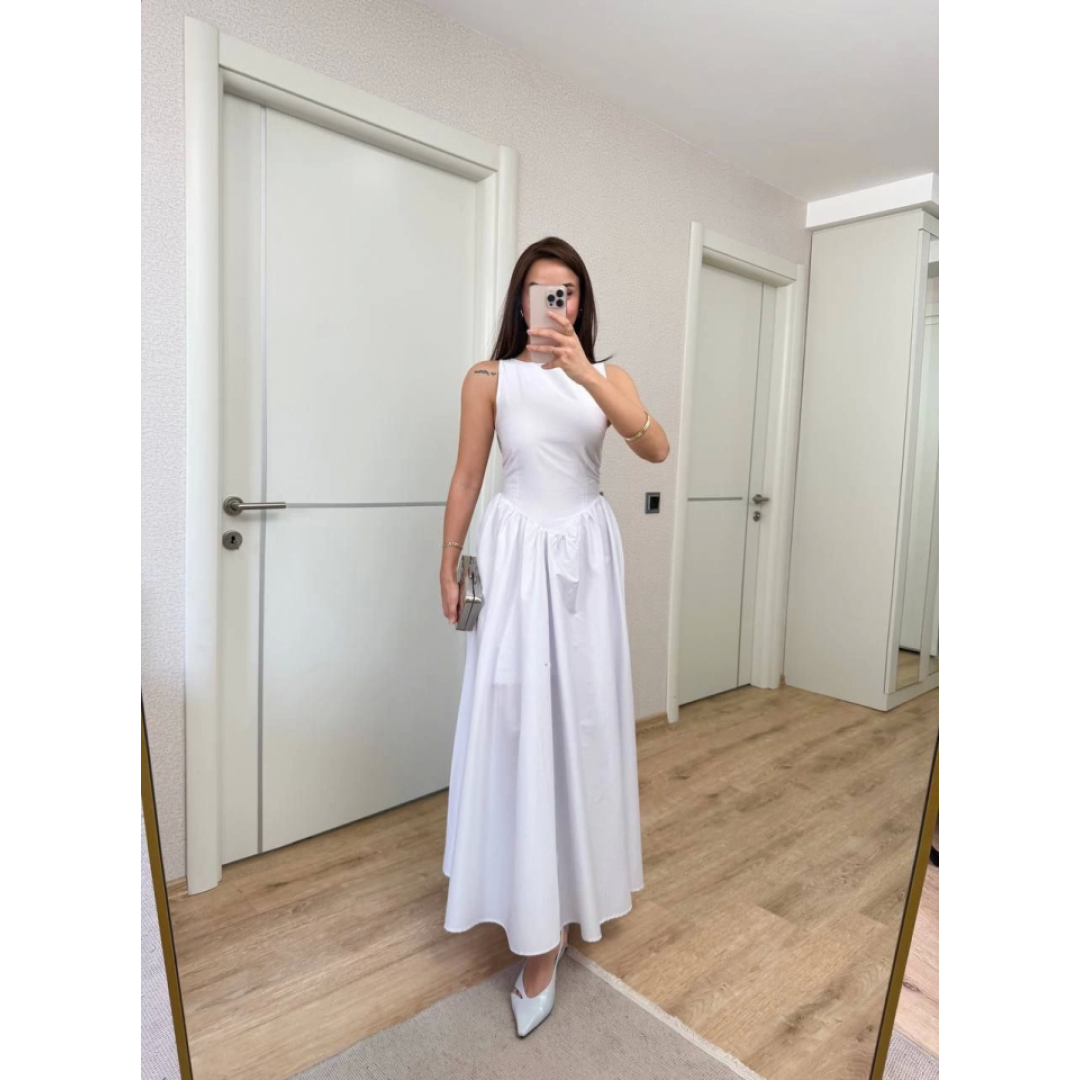 Sifir Kol Beli Oturtmalı Kolsuz Uzun Elbise - Beyaz 153139 Sifir Kol Beli Oturtmalı Kolsuz Uzun Elbise - Beyaz 153139
