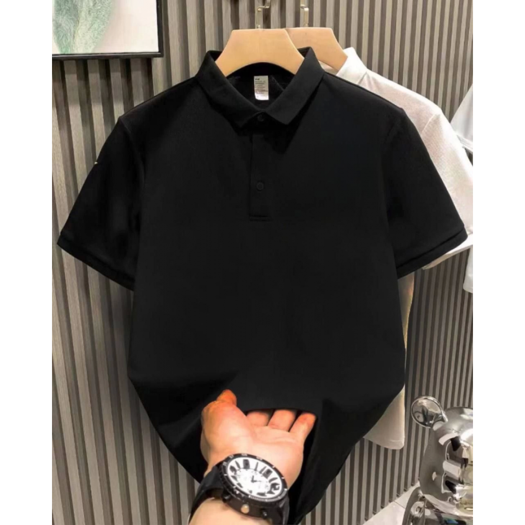Yakası Düğmeli Yakalı Pike Düz T-Shirt - Siyah 153144 Yakası Düğmeli Yakalı Pike Düz T-Shirt - Siyah 153144
