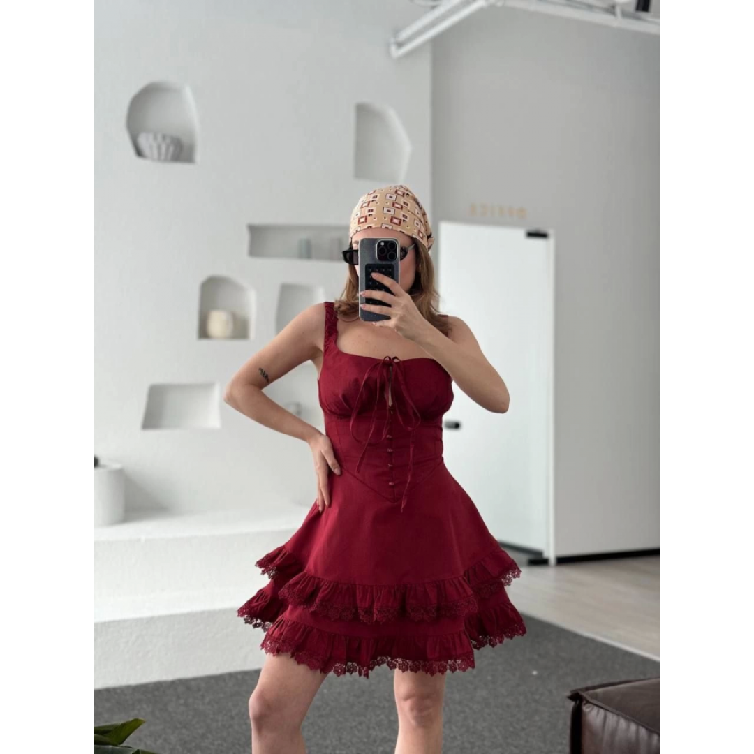 Fırfırlı Askılı Mini Elbise - Bordo - 153146 Fırfırlı Askılı Mini Elbise - Bordo - 153146