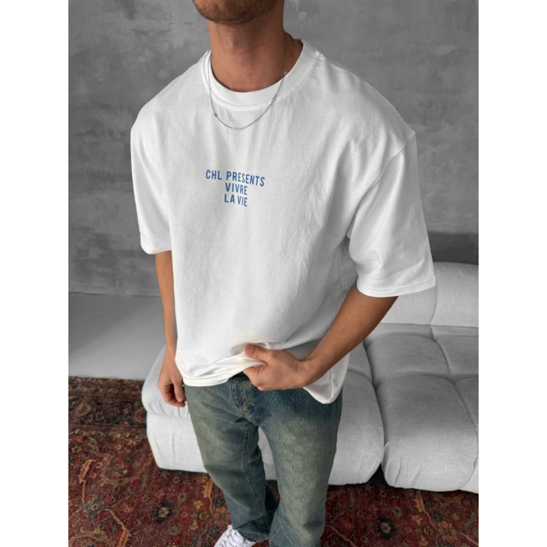Ön Ve Arka Baskılı Oversize Bisiklet Yaka T-shirt- Beyaz 153732