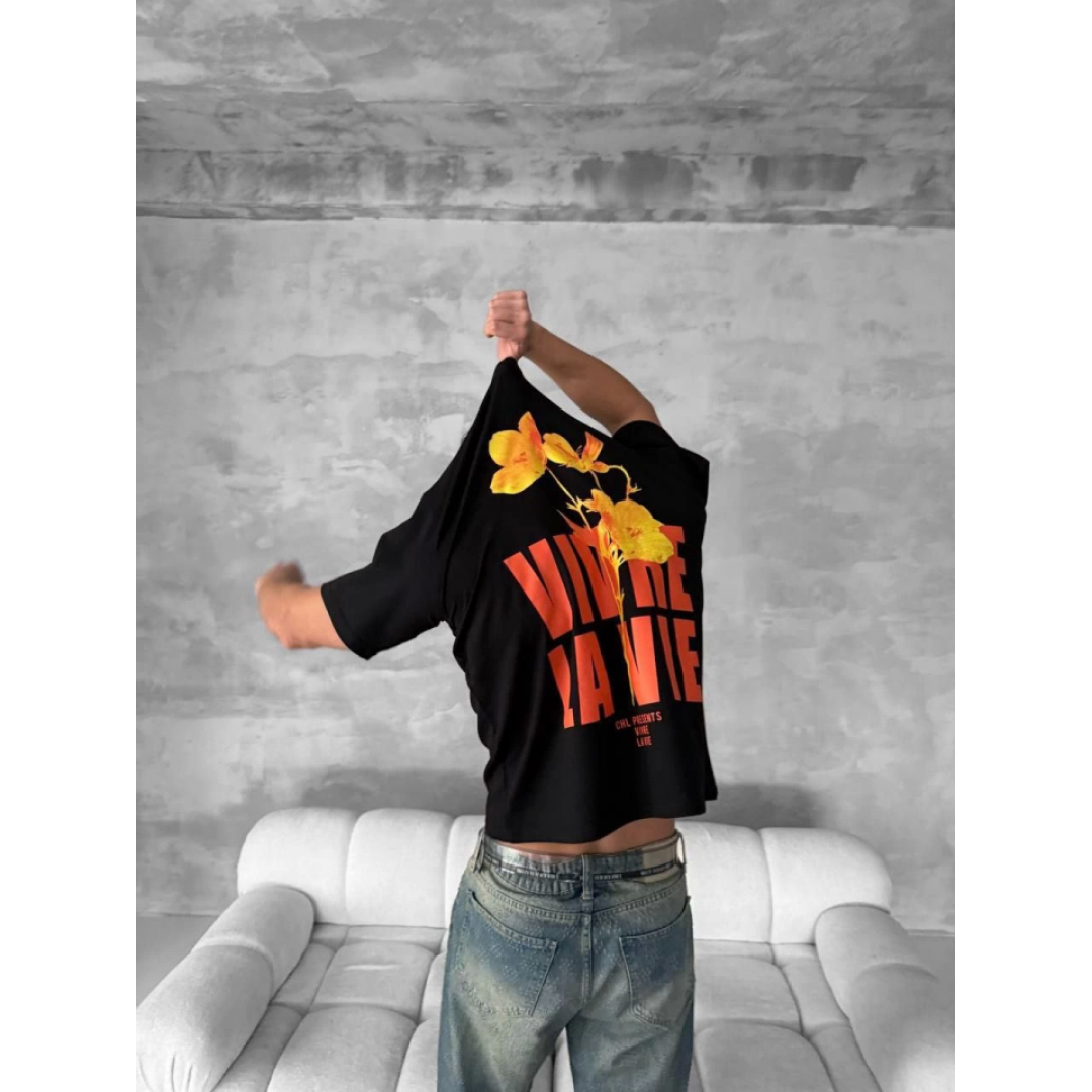 Ön Ve Arka Baskılı Oversize Bisiklet Yaka T-shirt- Siyah 153733