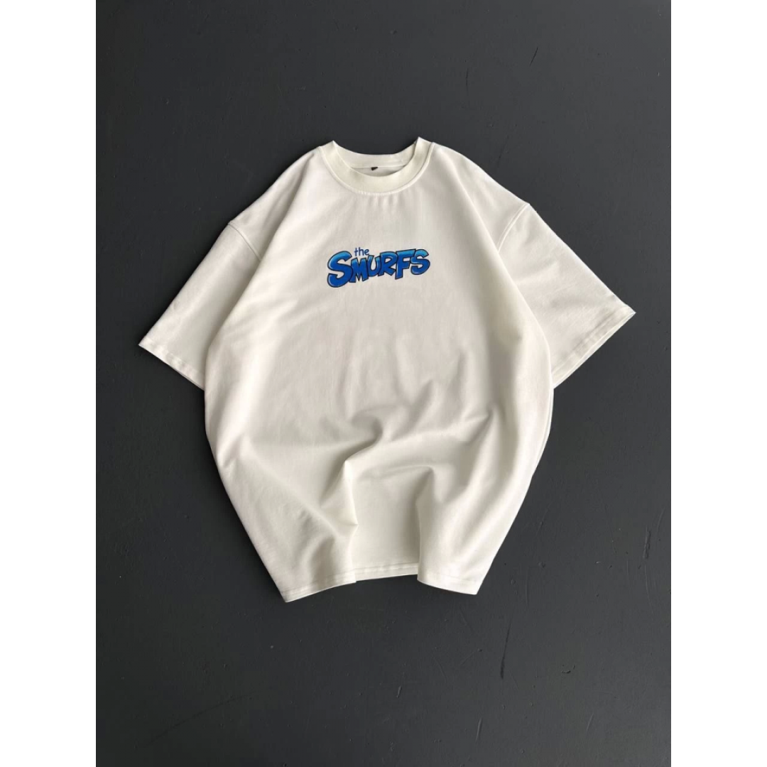 Ön Ve Arka Baskılı Oversize Bisiklet Yaka T-shirt- Beyaz