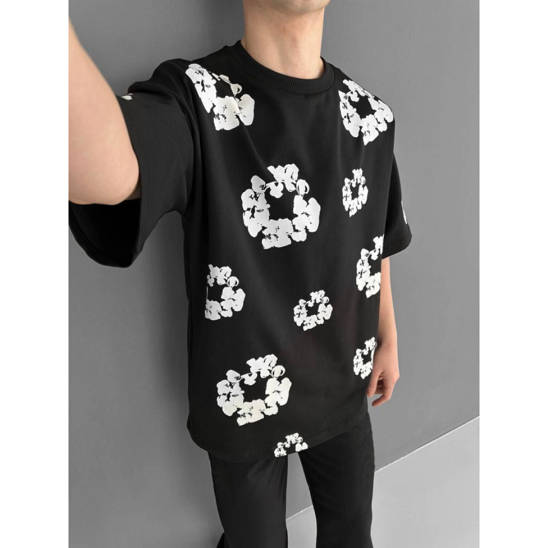 Ön Ve Arka Baskılı Oversize Bisiklet Yaka T-shirt- Siyah