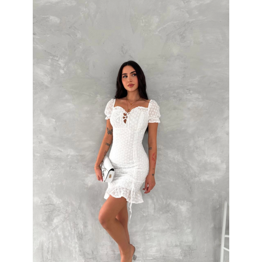 Göğüs Bağlamalı Mini Elbise - Beyaz - 154511 Göğüs Bağlamalı Mini Elbise - Beyaz - 154511