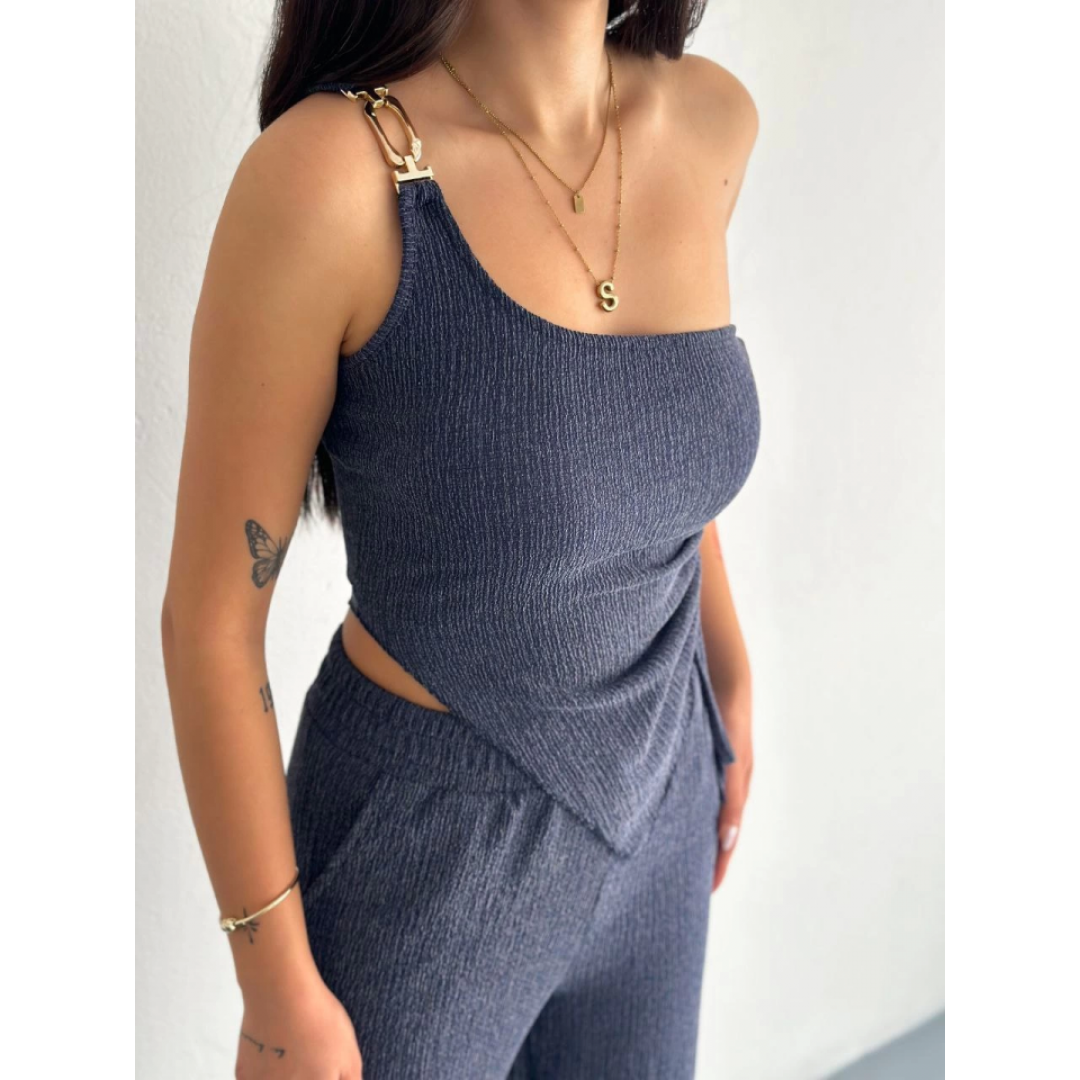 Asimetrik Crop Pantalon Ikili Takım - Lacivert