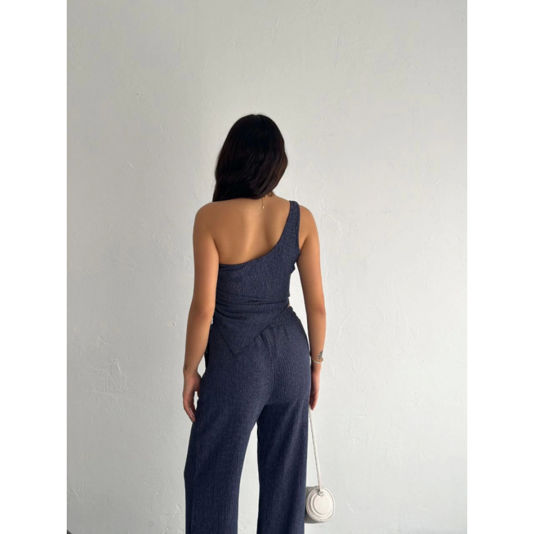 Asimetrik Crop Pantalon Ikili Takım - Lacivert 154573
