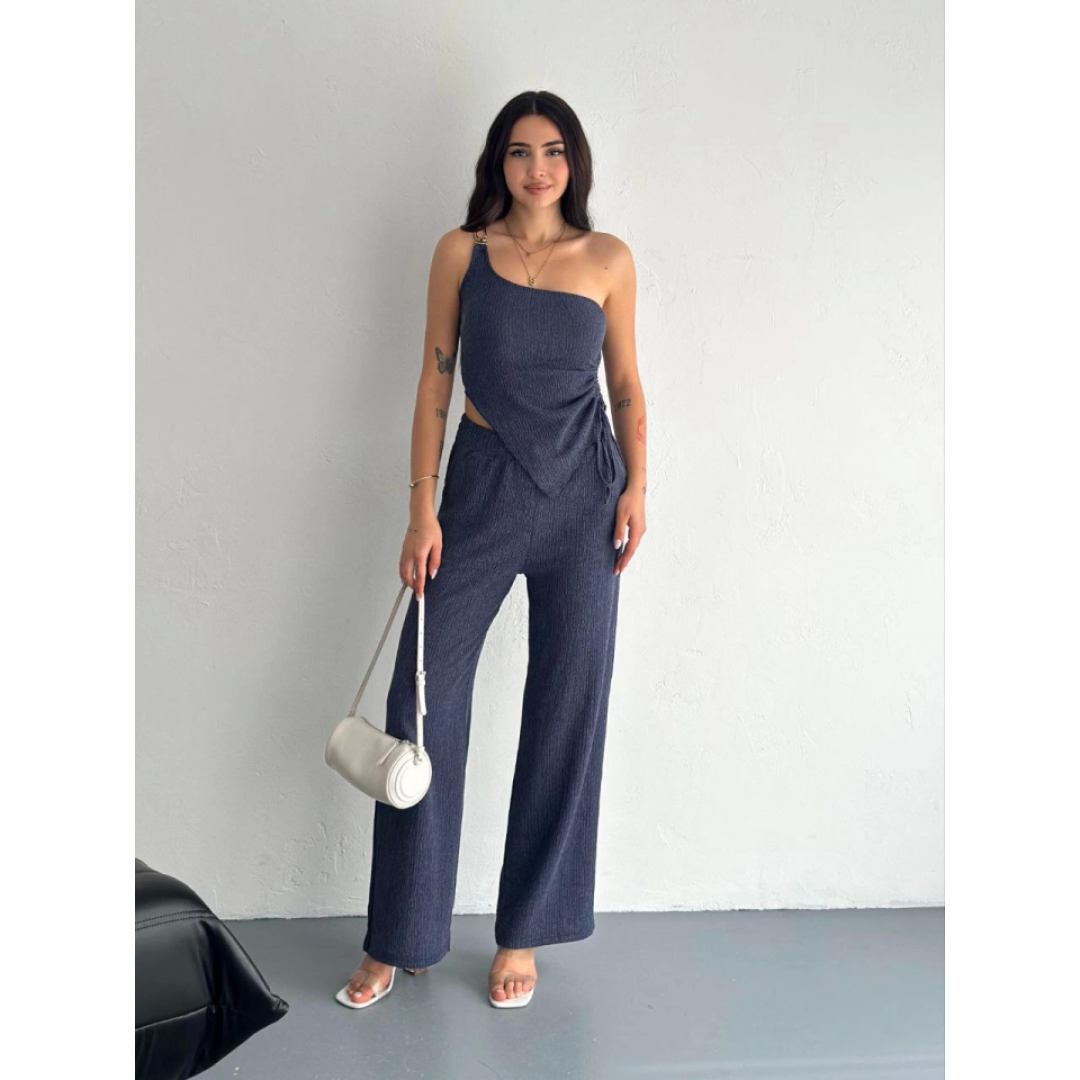 Asimetrik Crop Pantalon Ikili Takım - Lacivert 154573