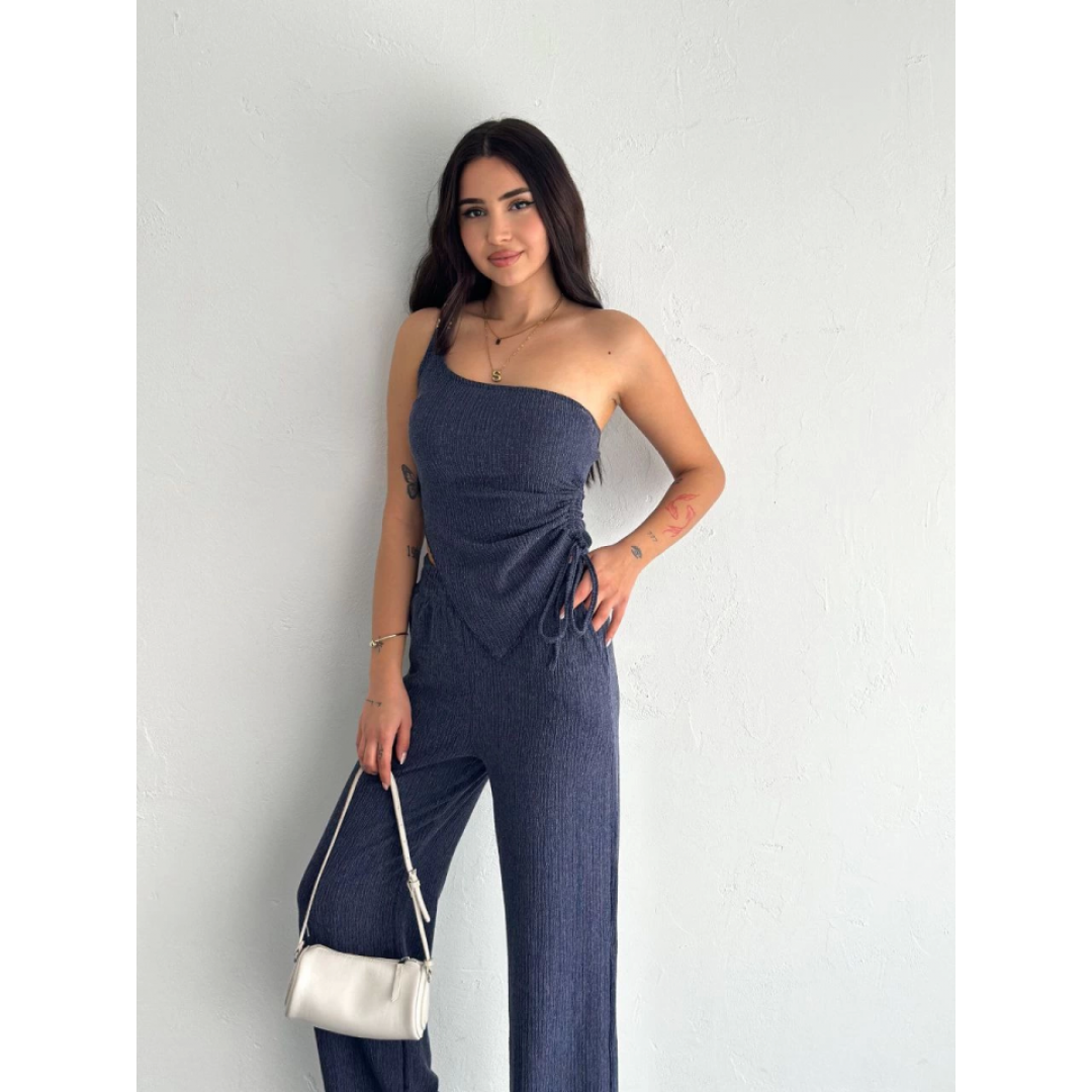 Asimetrik Crop Pantalon Ikili Takım - Lacivert 154573