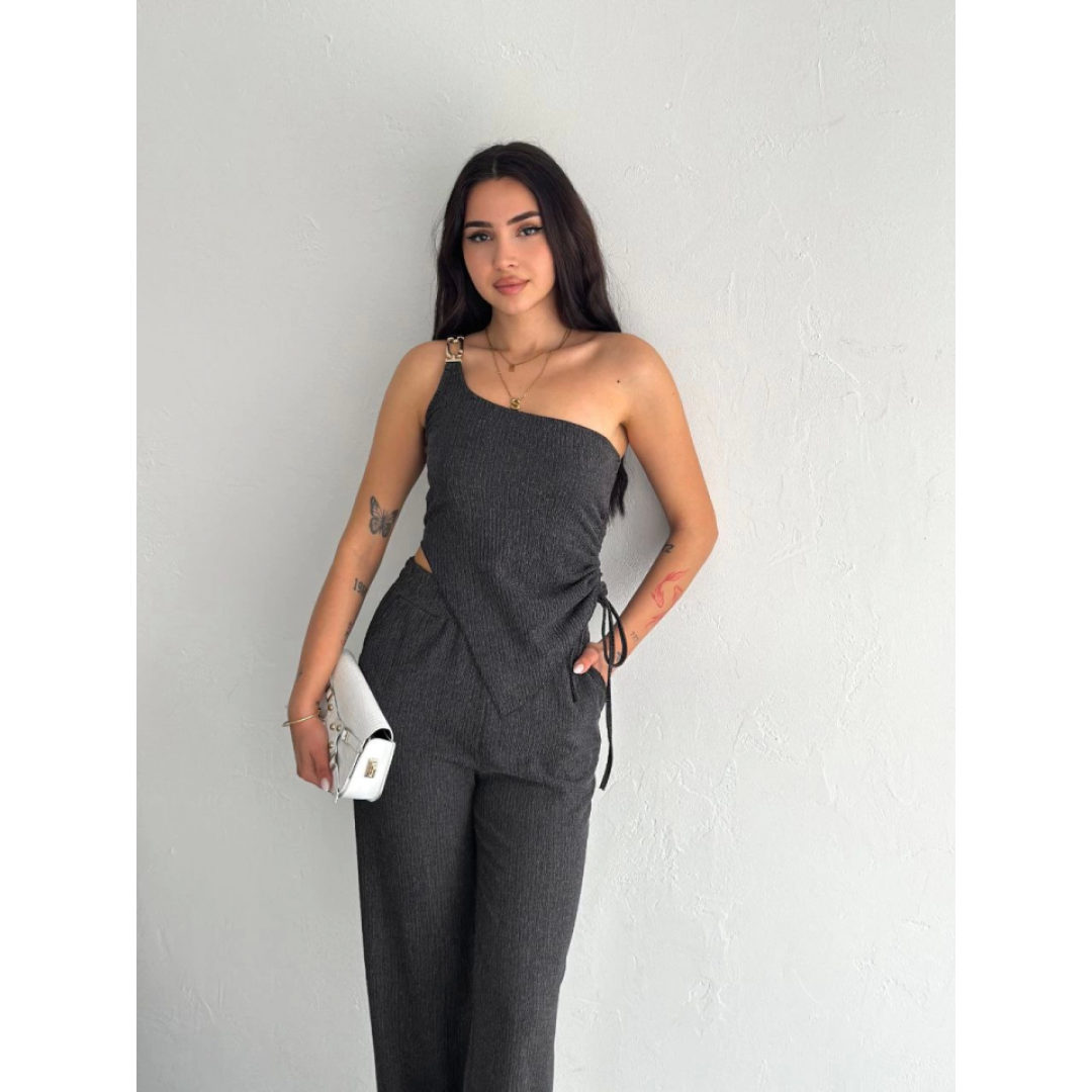 Asimetrik Crop Pantalon Ikili Takım - Füme 154575 Asimetrik Crop Pantalon Ikili Takım - Füme 154575