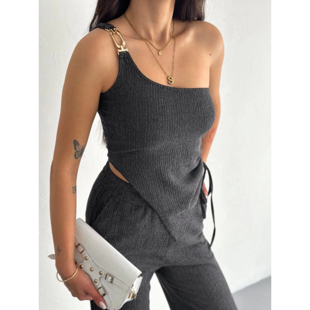 Asimetrik Crop Pantalon Ikili Takım - Füme 154575 Asimetrik Crop Pantalon Ikili Takım - Füme 154575