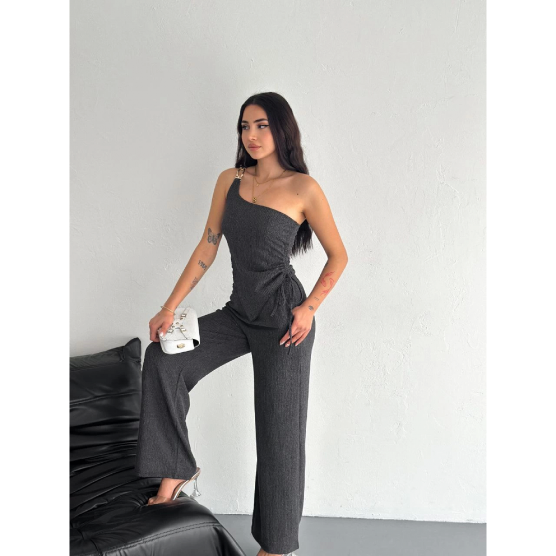 Asimetrik Crop Pantalon Ikili Takım - Füme 154575 Asimetrik Crop Pantalon Ikili Takım - Füme 154575