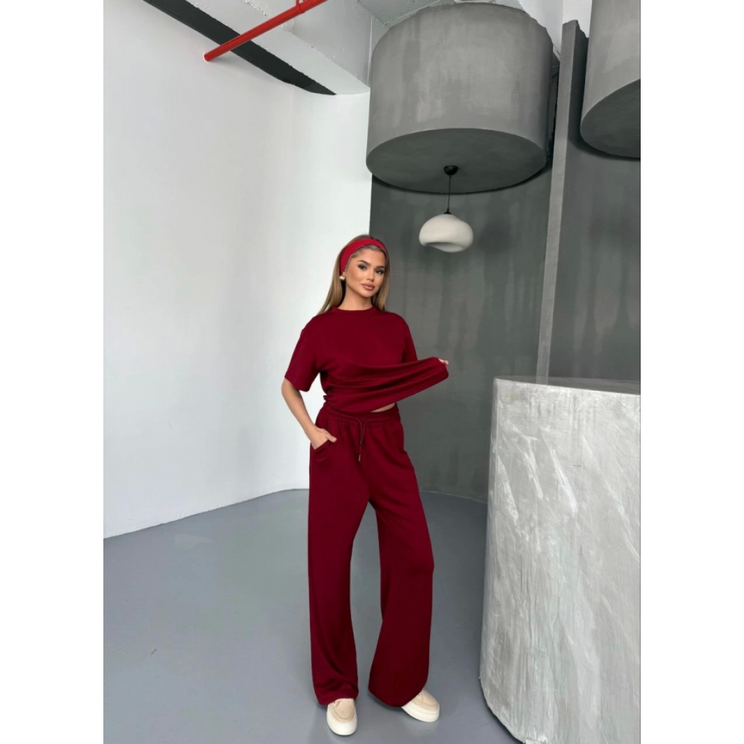 Osy Modal Yumuşak Dokulu Kumaş   Kısa Kollu Bluz Rahat Pantalon Ikili Takım- Bordo