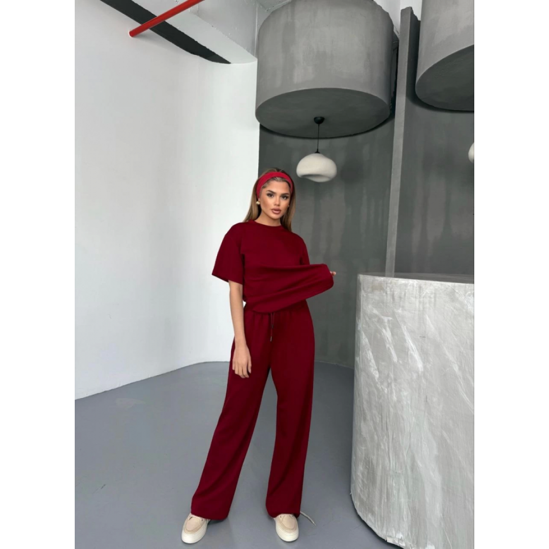 Osy Modal Yumuşak Dokulu Kumaş   Kısa Kollu Bluz Rahat Pantalon Ikili Takım- Bordo 154846