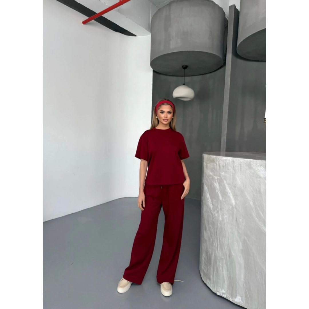 Osy Modal Yumuşak Dokulu Kumaş   Kısa Kollu Bluz Rahat Pantalon Ikili Takım- Bordo 154846