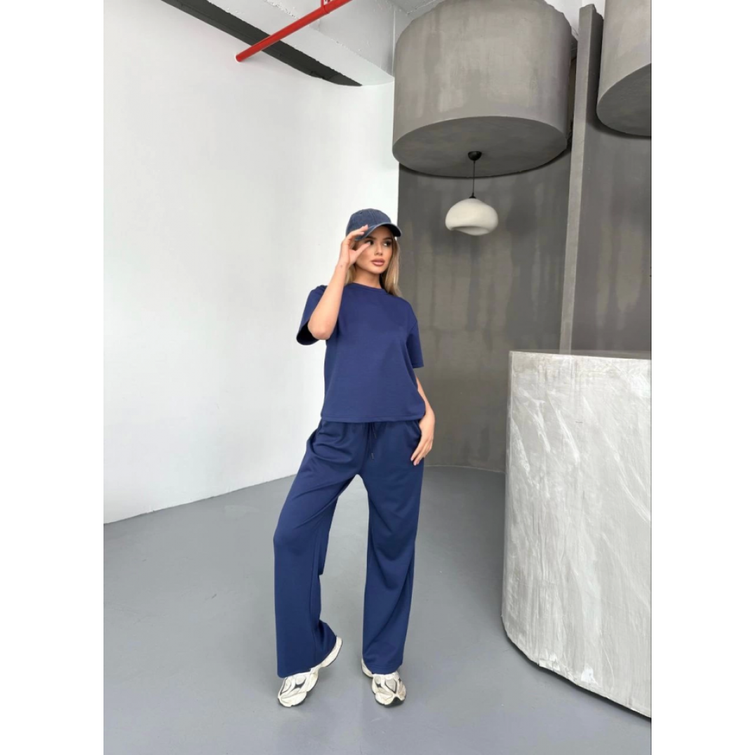 Osy Modal Yumuşak Dokulu Kumaş Kısa Kollu Bluz Rahat Pantalon Ikili Takım- Lacivert