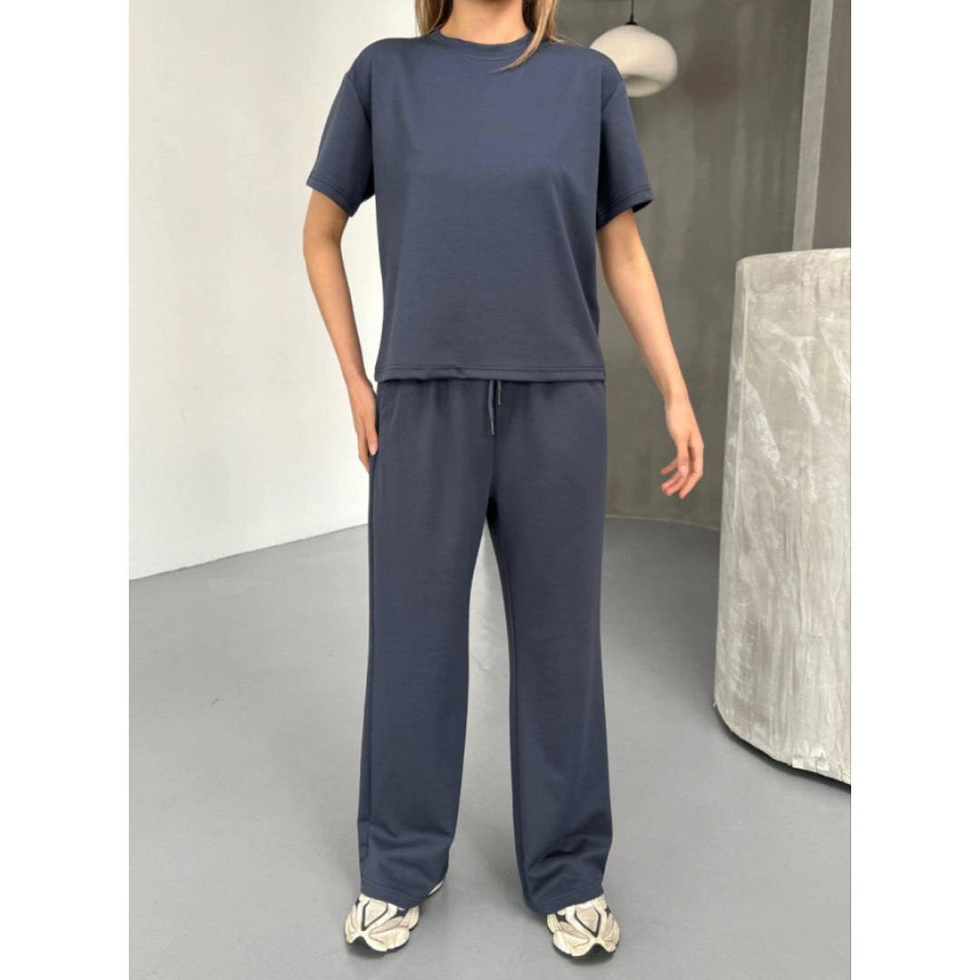 Osy Modal Yumuşak Dokulu Kumaş Kısa Kollu Bluz Rahat Pantalon Ikili Takım- Füme 154849