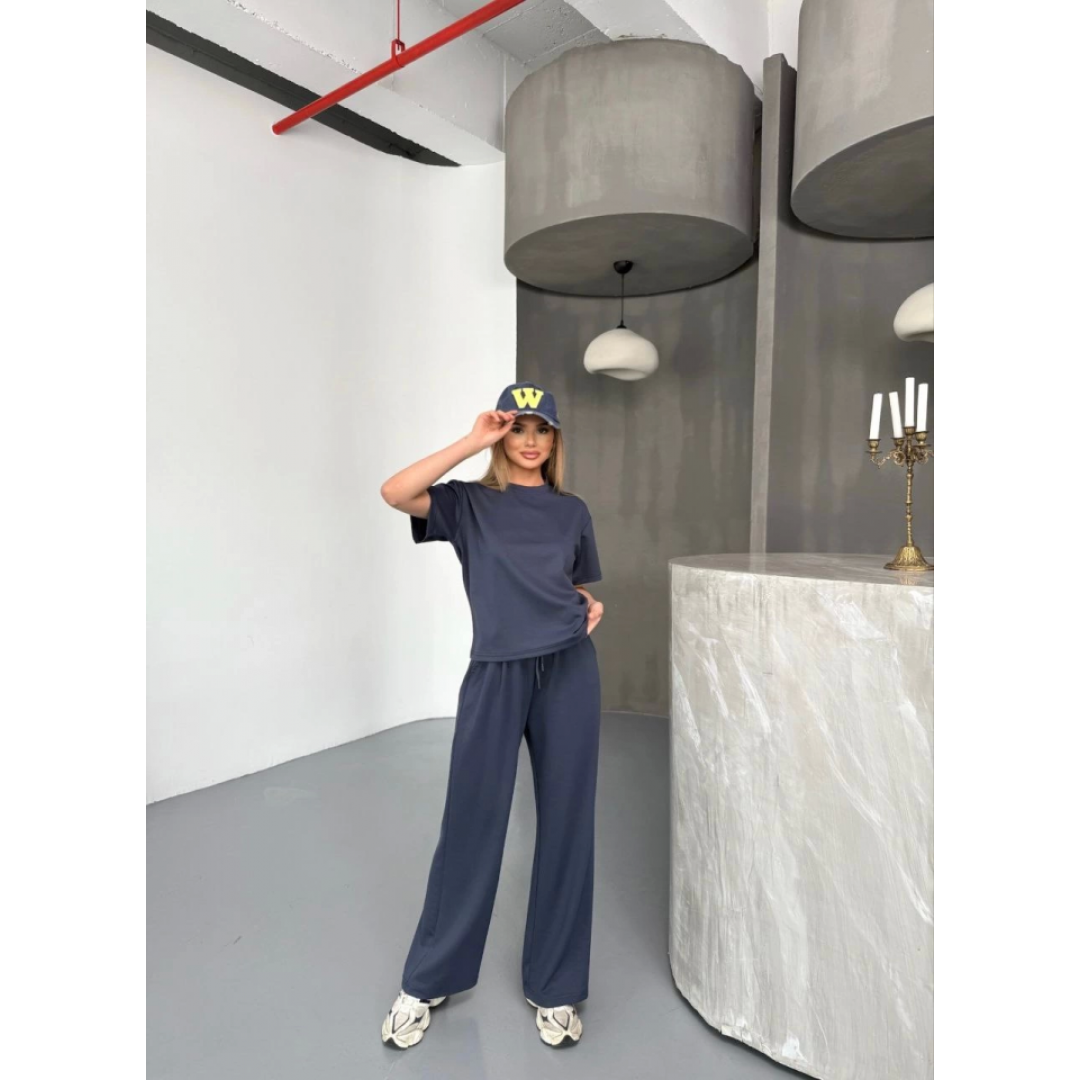 Osy Modal Yumuşak Dokulu Kumaş Kısa Kollu Bluz Rahat Pantalon Ikili Takım- Füme 154849
