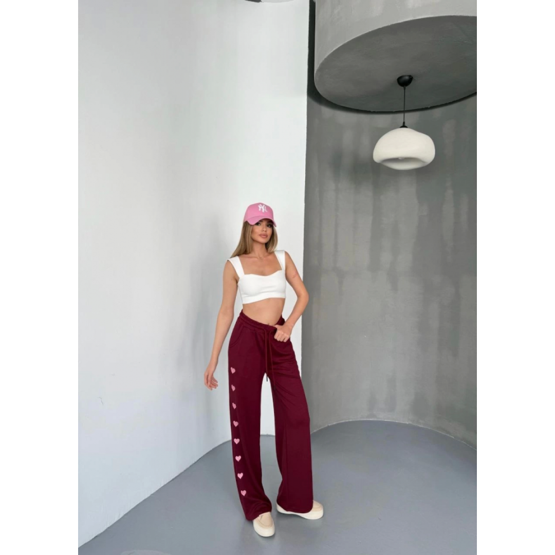 Osy Modal Yumuşak Dokulu Kumaş Nakış Işlemeli Rahat Bol Paça Eşofman Pantalon - Bordo