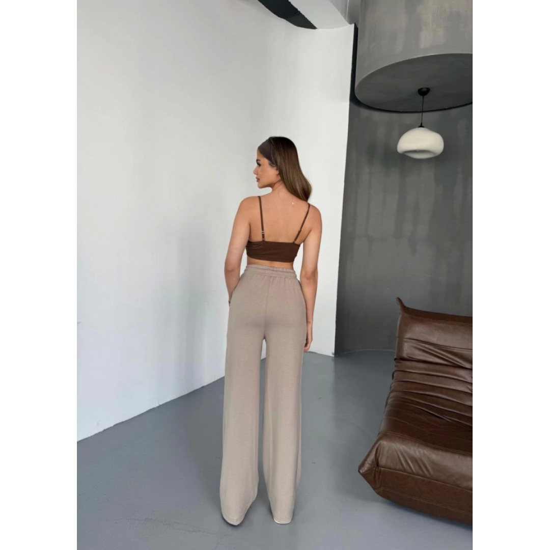 Osy Modal Yumuşak Dokulu Kumaş Nakış Işlemeli Rahat Bol Paça Eşofman Pantalon - Bej - 156906