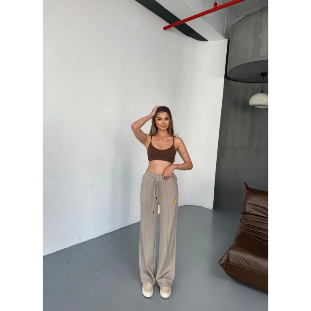 Osy Modal Yumuşak Dokulu Kumaş Nakış Işlemeli Rahat Bol Paça Eşofman Pantalon - Bej - 156906