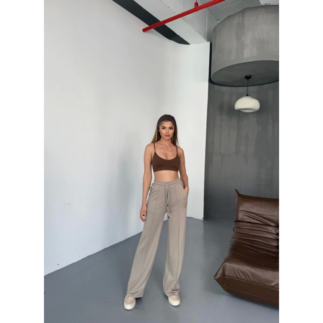 Osy Modal Yumuşak Dokulu Kumaş Nakış Işlemeli Rahat Bol Paça Eşofman Pantalon - Bej - 156906