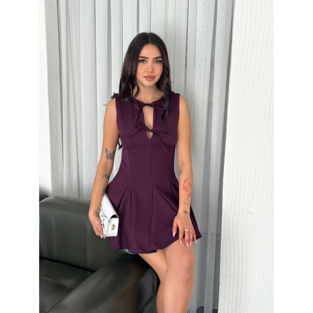 Göğüs Bağlamalı Kolsuz Mini Boy Elbise - Gül Kurusu - 157394