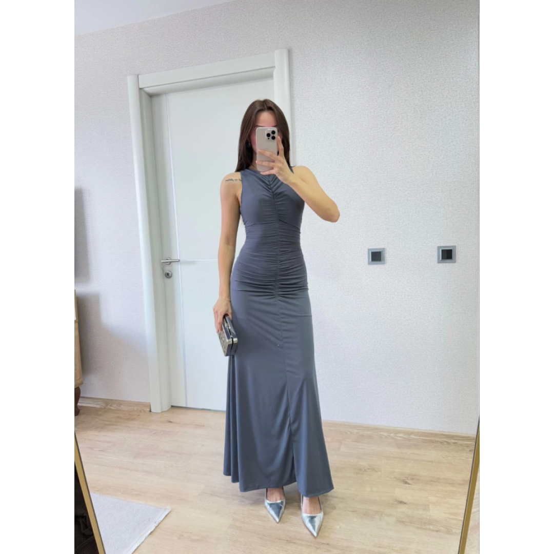 Kolsuz Büzgülü Uzun Elbise - Füme - 157526 Kolsuz Büzgülü Uzun Elbise - Füme - 157526