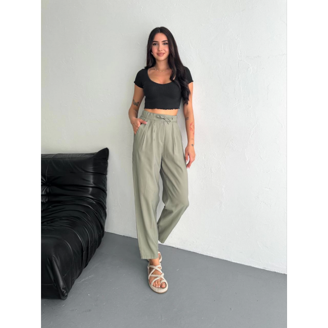 Yüksel Bel Rahat Paça Pantalon - Su Yeşili 157946 Yüksel Bel Rahat Paça Pantalon - Su Yeşili 157946