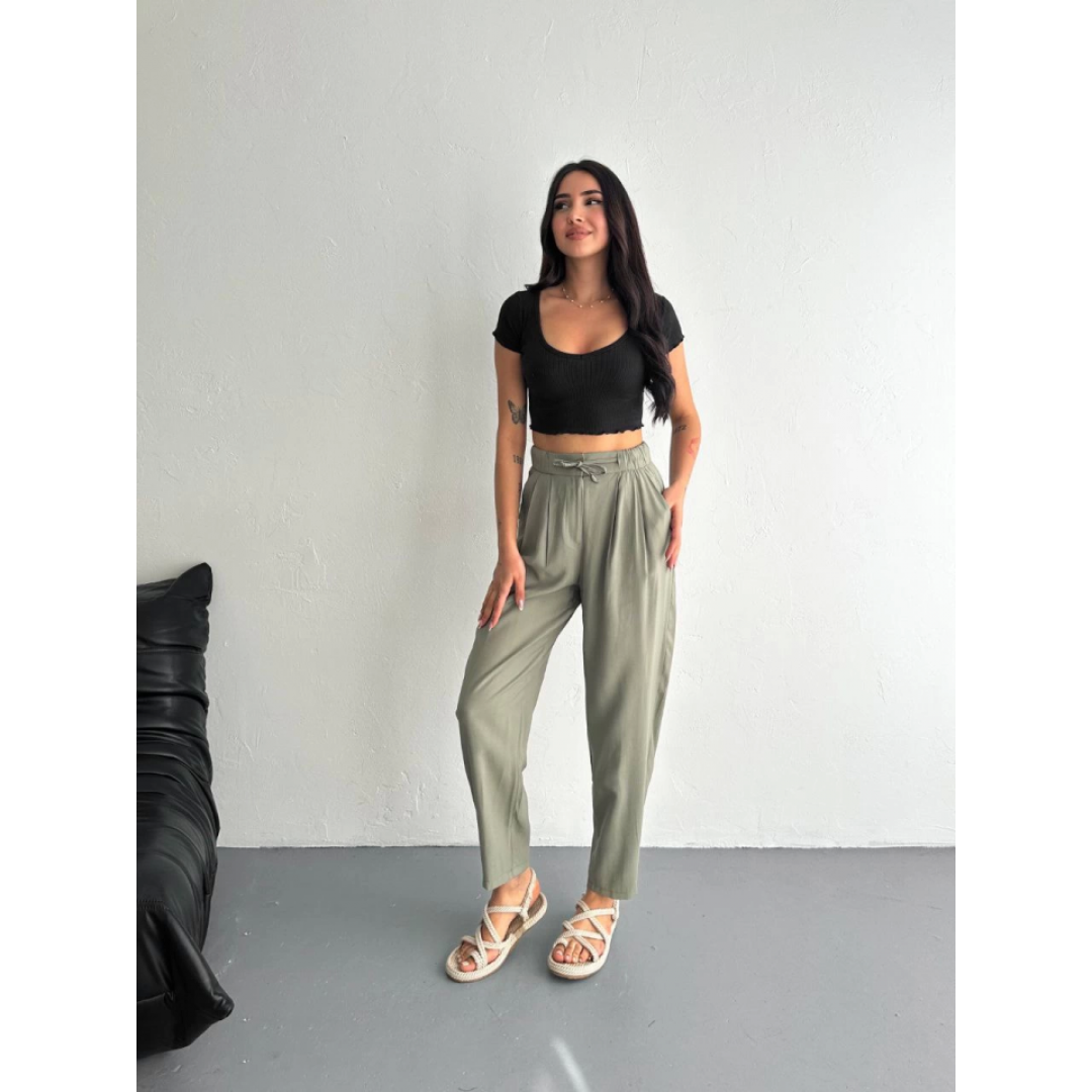 Yüksel Bel Rahat Paça Pantalon - Su Yeşili 157946 Yüksel Bel Rahat Paça Pantalon - Su Yeşili 157946