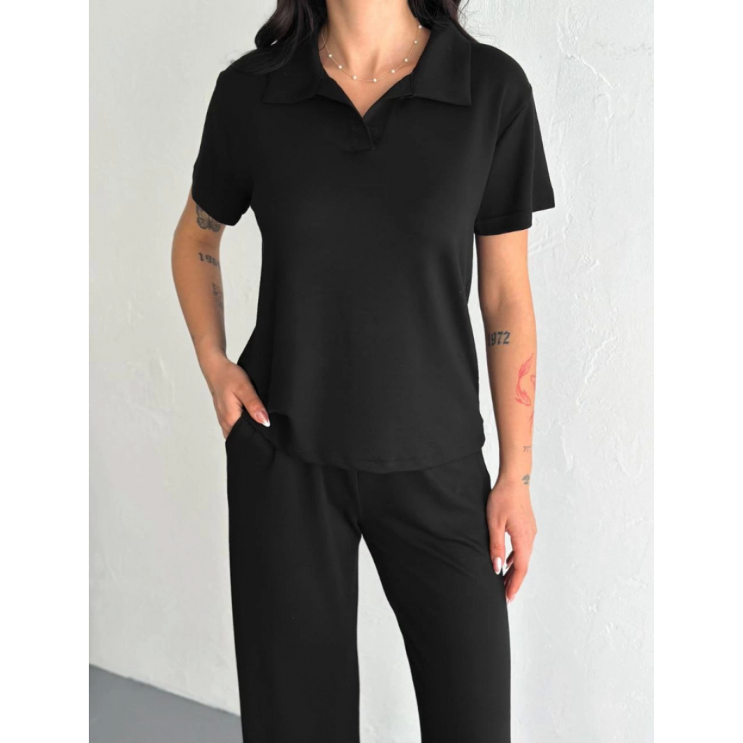 Osy Modal Yumuşak Dokulu Kumaş Kısa Kollu Yakalı T-shirt Pantalon Ikili Takım- Siyah