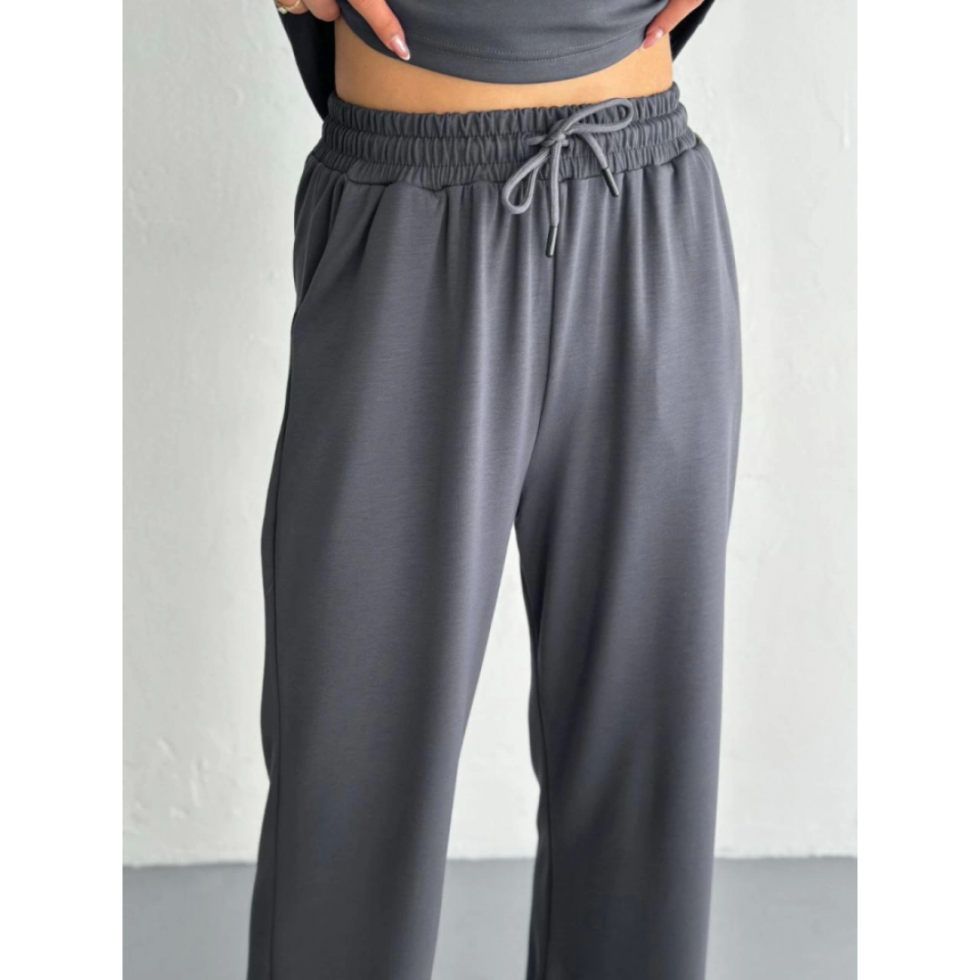 Osy Modal Yumuşak Dokulu Kumaş Kısa Kollu Yakalı T-shirt Pantalon Ikili Takım- Antrasit
