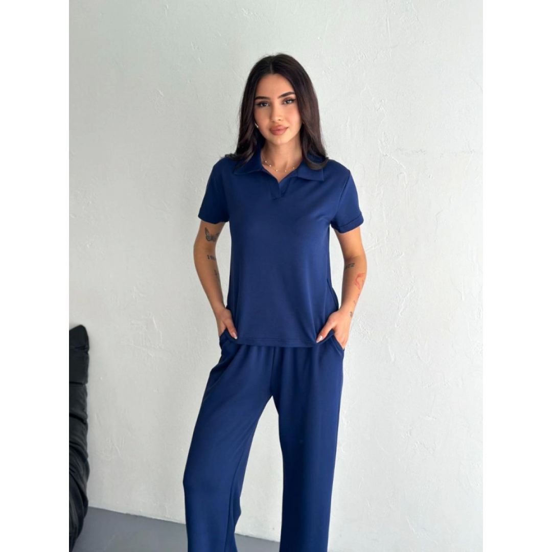 Osy Modal Yumuşak Dokulu Kumaş Kısa Kollu Yakalı T-shirt Pantalon Ikili Takım- Lacivert