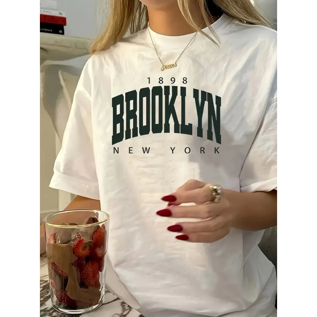 Baskılı Oversize Bisiklet Yaka T-shirt - Beyaz
