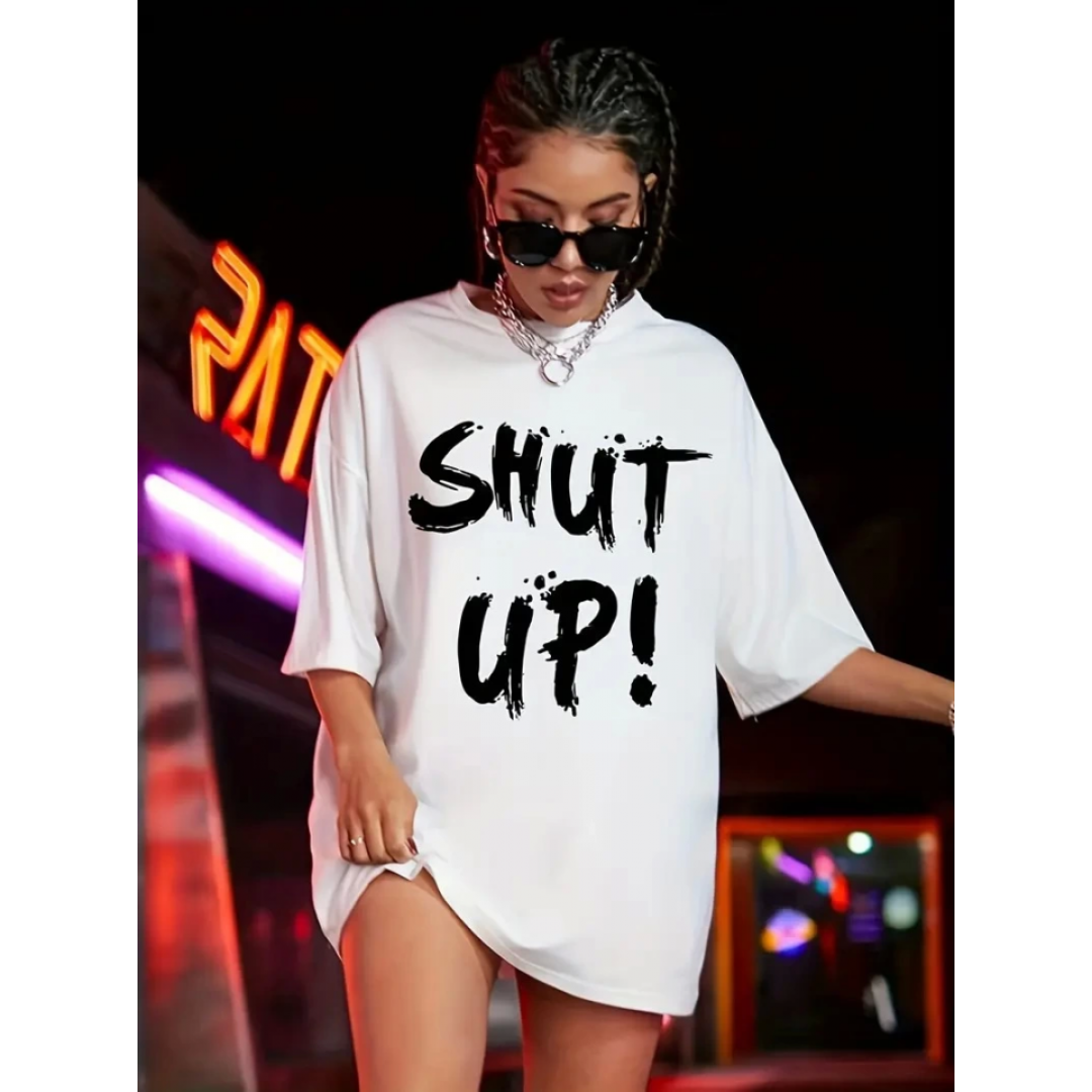 Baskılı Oversize Bisiklet Yaka T-shirt - Beyaz - 158825