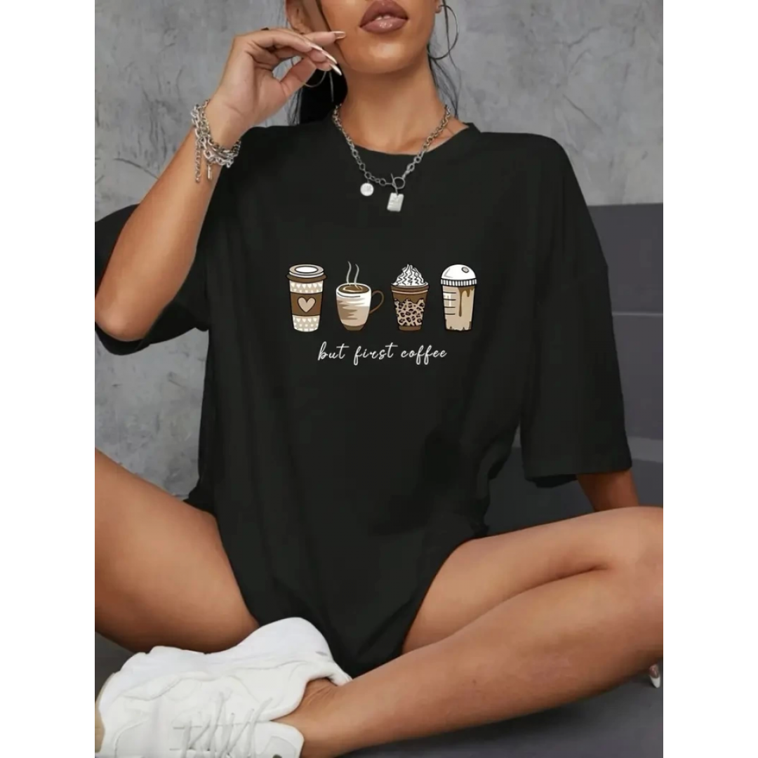 Baskılı Oversize Bisiklet Yaka T-shirt - Siyah