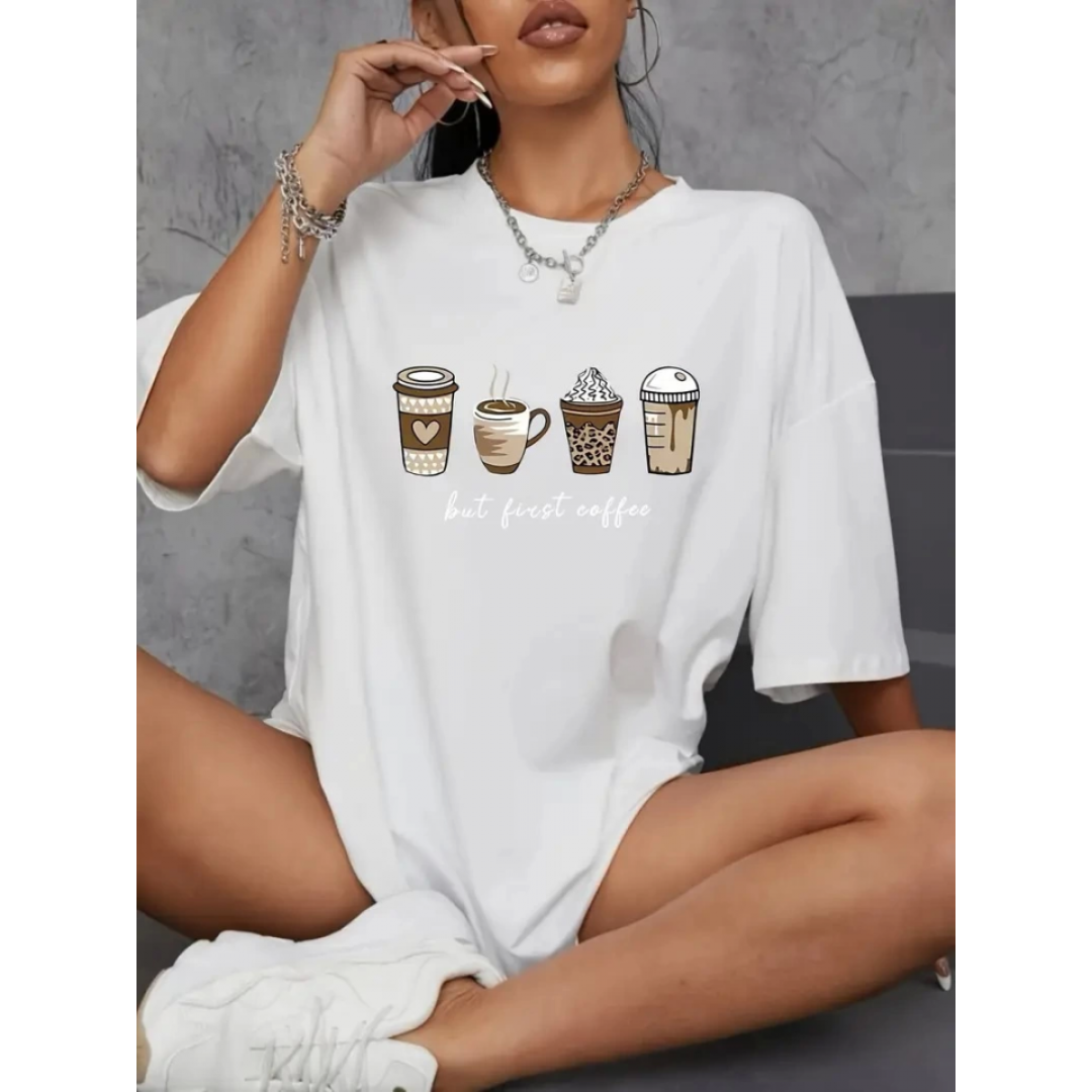 Baskılı Oversize Bisiklet Yaka T-shirt - Beyaz - 158829 Baskılı Oversize Bisiklet Yaka T-shirt - Beyaz - 158829