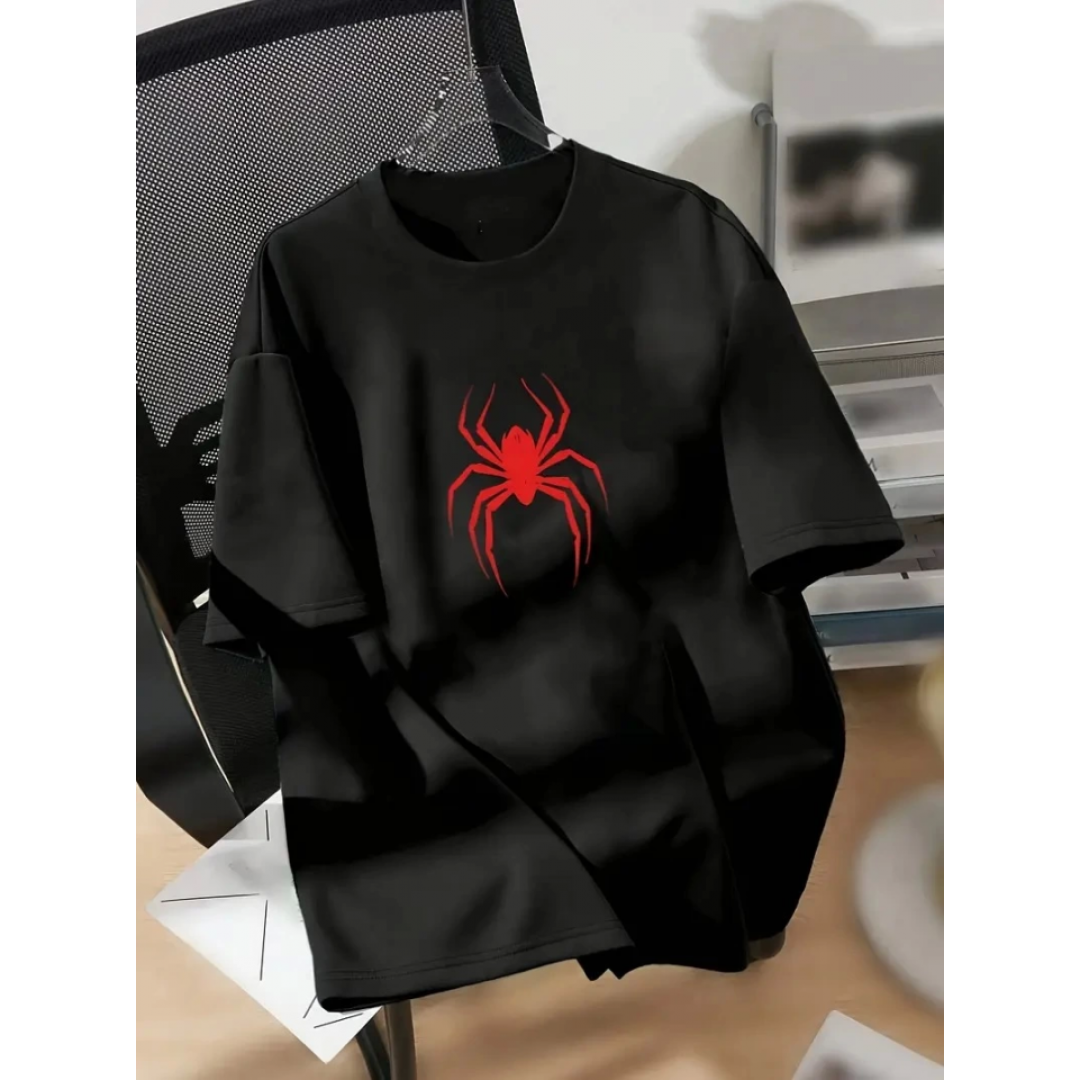 Baskılı Oversize Bisiklet Yaka T-shirt - Siyah