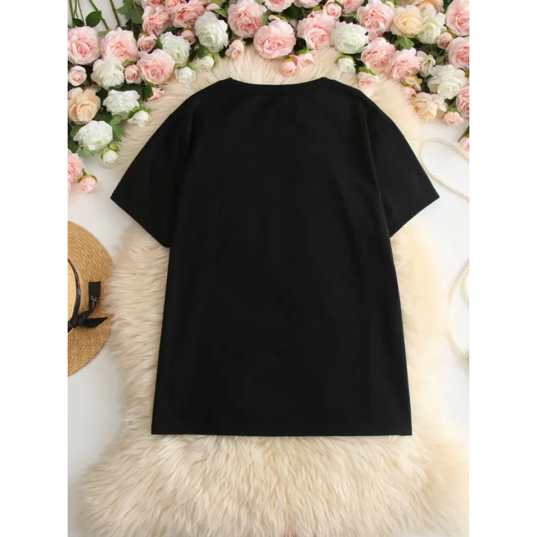 Baskılı Oversize Bisiklet Yaka T-shirt - Siyah - 158841